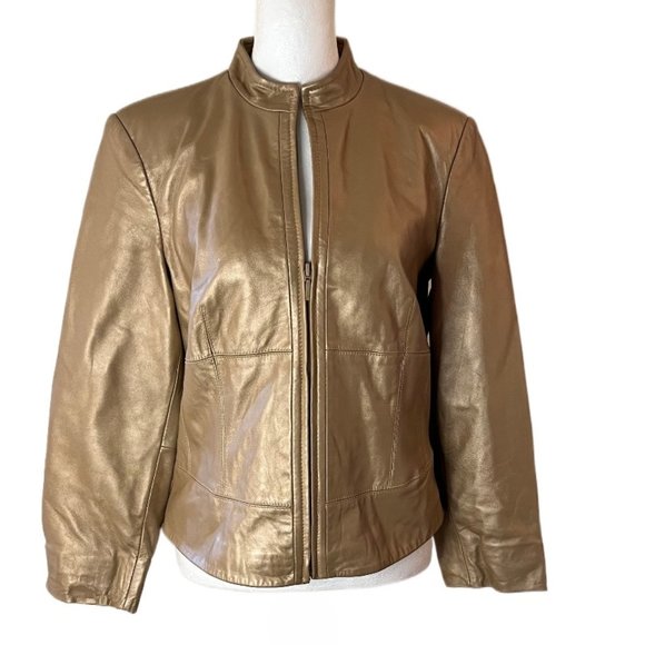 Yvonne Le Marie Gold Metallic Soft Lamb Leather Lined Jacket 3/4 Zip Size 6 - Picture 3 of 12